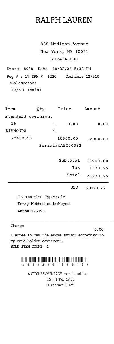 Ralph Lauren receipt template new