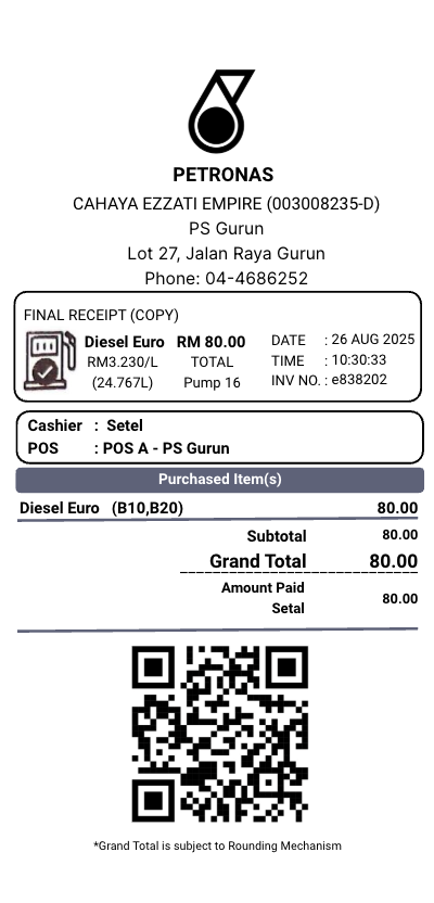 Petronas petro fuel receipt template