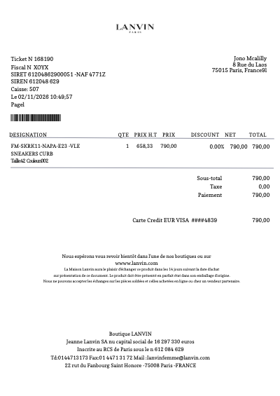 Lanvin receipt template