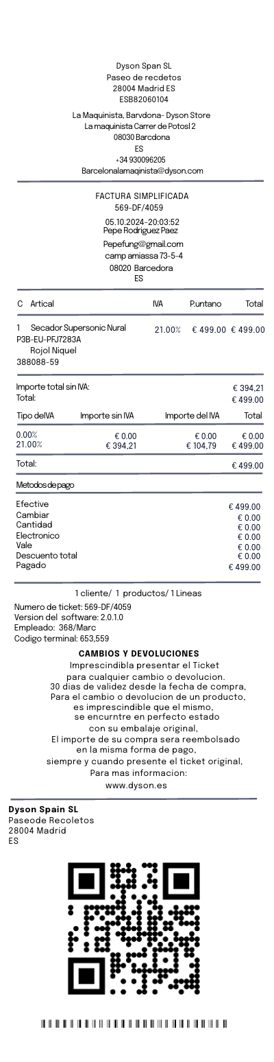 Dyson España receipt template