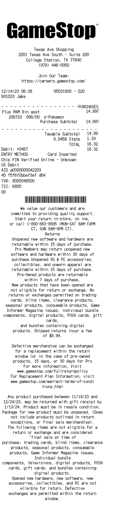 Gamestop receipt template 2