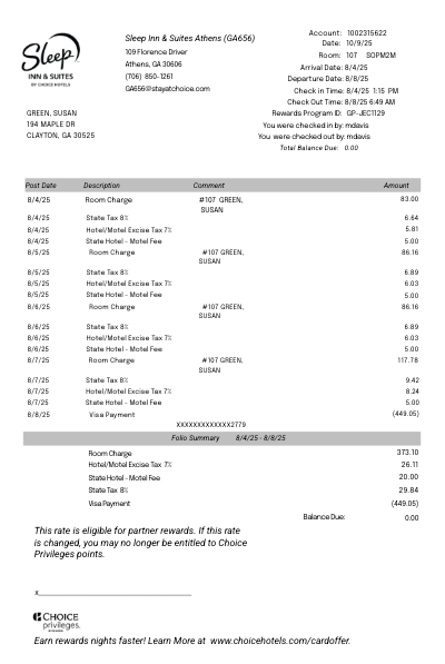 Sleep Inn receipt template