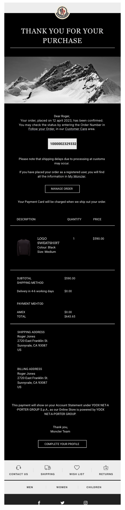 Moncler receipt template email