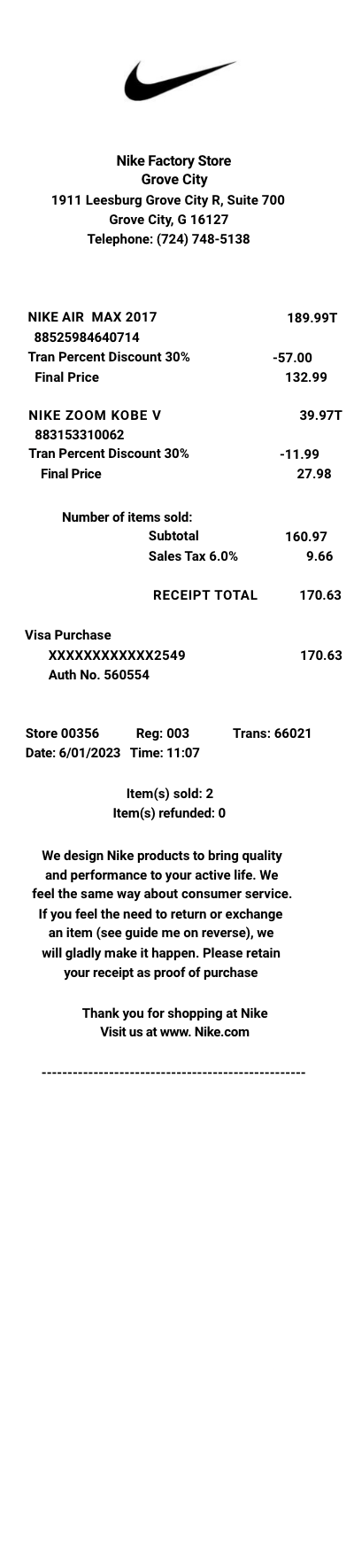 Nike Factory Store receipt template