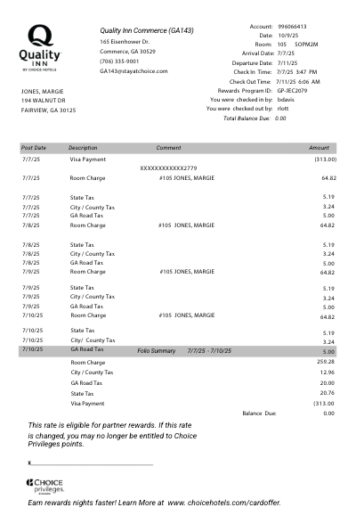 Quality Inn receipt template