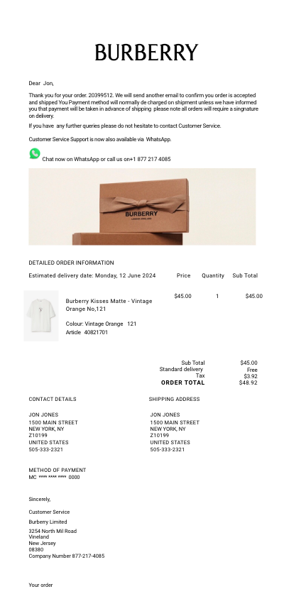 Burberry email receipt template