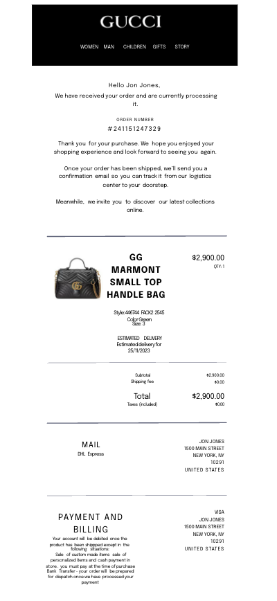 GUCCI receipt template email