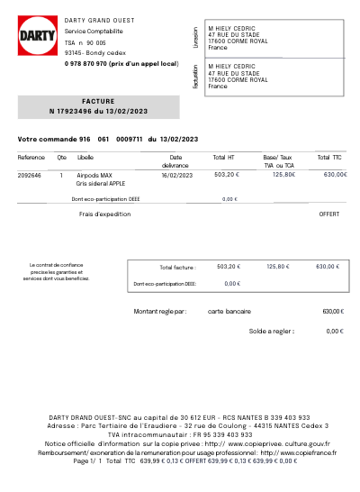 Darty invoice template