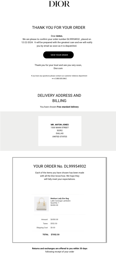 DIOR email receipt template