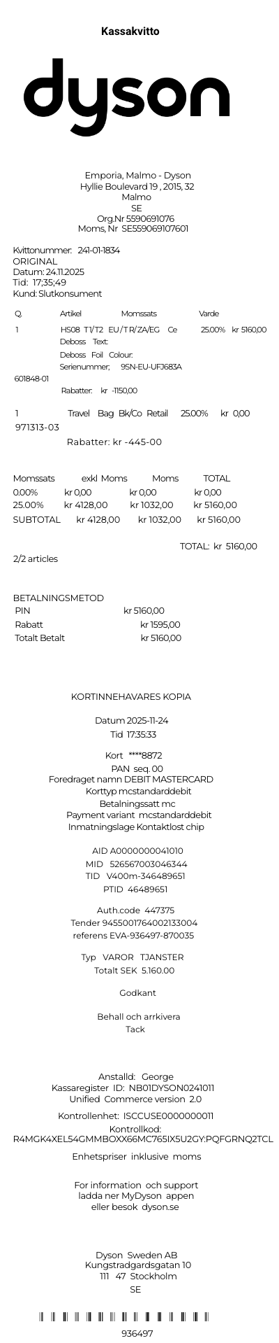 Dyson Swedish receipt Kassakvitto