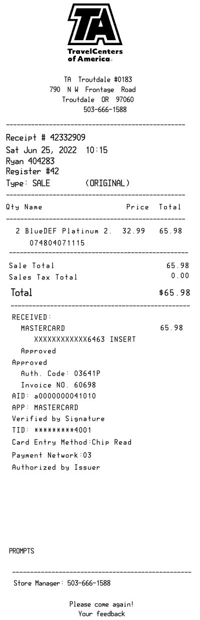 TA Travel Centers America Receipt template