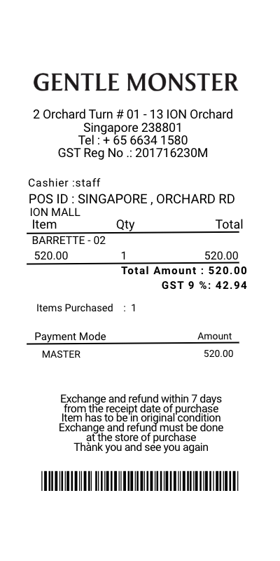 Gentle Monster receipt