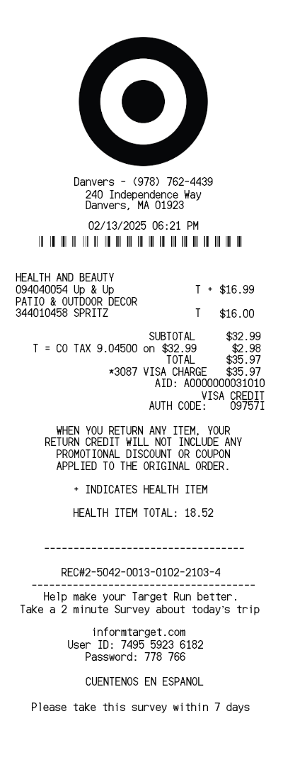 Target receipt template 2025