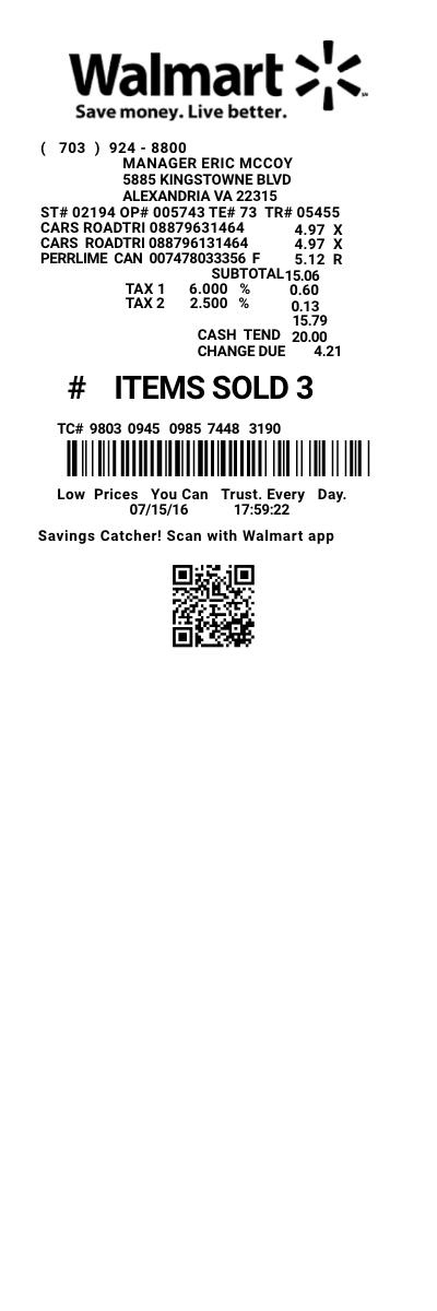 Walmart receipt template - cash