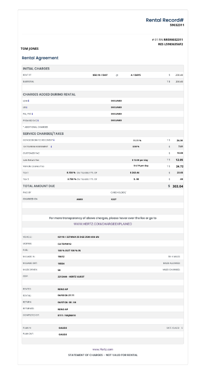 HERTZ rental car receipt