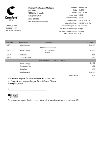 Comfort Inn receipt template