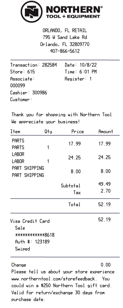 Northern Tool receipt template