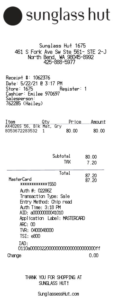 Sunglasses Hut receipt template