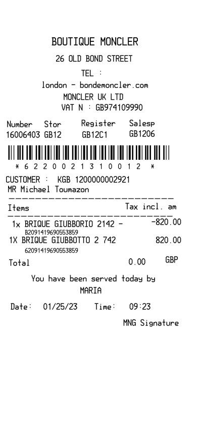 Boutique Moncler receipt